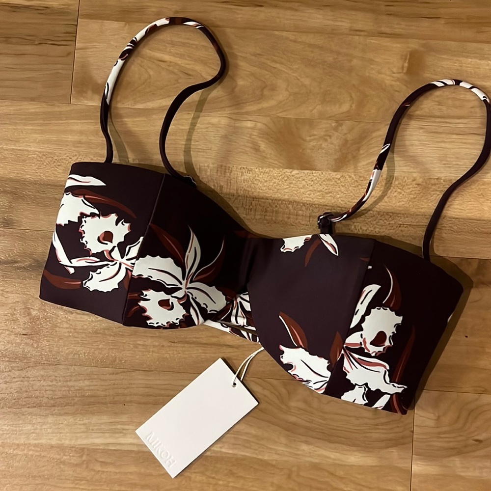 MIKOH Paia Cutout Detail Bandeau w/ removable straps in Hawaii Hula Wine NWT